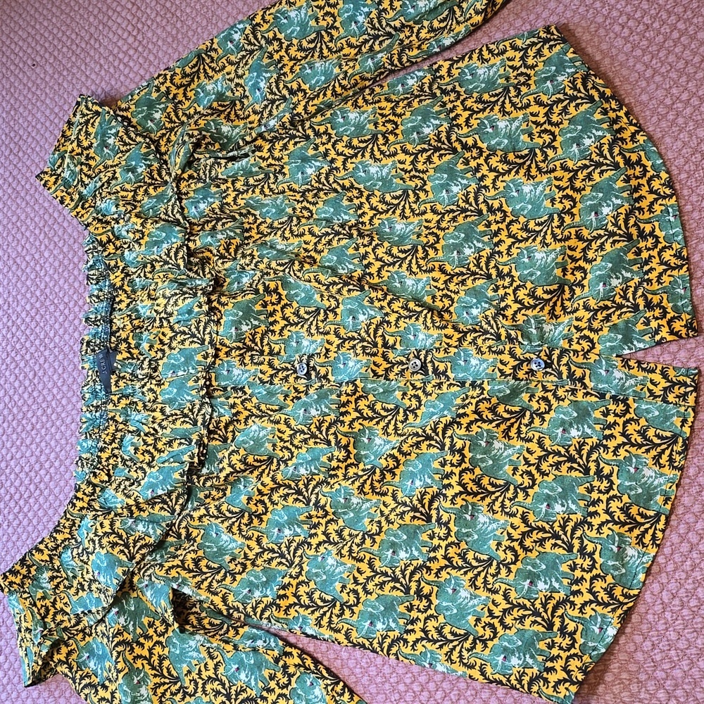 J.Crew‎ Off Shoulder Ratti Top Elephant Print 8 Button Front Ruffle 3/4 Sleeve - Picture 3 of 10